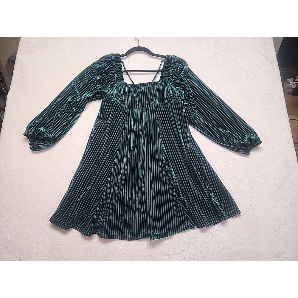 Green Striped Velvet‎ Christmas Mini Dress Square Neck, Poofy Ling Sleeves